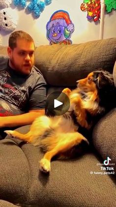 a man sitting on top of a couch next to a brown and white dog laying on it's back