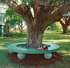 a bench sitting under a tree in the middle of a yard next to a building