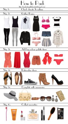 an image of clothes and accessories that are labeled in the words, how to pack