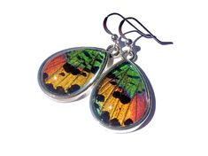 a pair of earrings with colorful butterflies on them