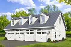 a two car garage with three windows on the top floor and one story above it