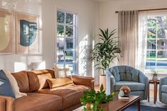 a living room with two couches and a coffee table in front of large windows