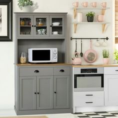 a microwave oven sitting on top of a counter next to a wall mounted potted plant