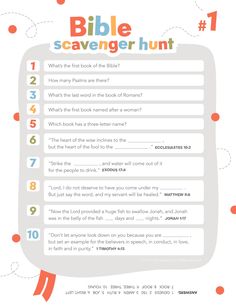 the bible scavenger hunt is shown in red and white with orange circles around it