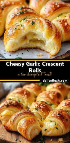 cheesy garlic crescent rolls on a cutting board with text overlay that reads, cheesy garlic crescent rolls a fun breakfast treat