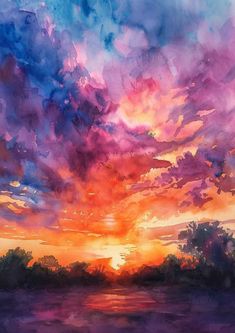 a painting of a colorful sunset over water