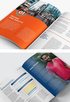 an orange and blue brochure is open to show information