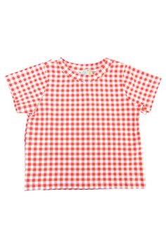 Material: Knit Cotton (95% cotton, 5% spandex) Gingham Cotton Short Sleeve Tops, Cotton Gingham Tops For Picnic, Classic Gingham Cotton Top, Casual Red Top For Picnic, Casual Gingham Top For Picnic, Casual Gingham Crew Neck Top, Classic Red Summer Tops, Summer Plaid Crew Neck Top, Plaid Crew Neck Top For Summer