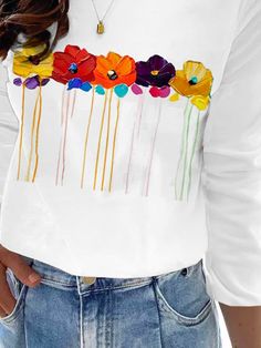 Crew Neck Floral Casual T-shirt Spring Multicolor Graphic Print T-shirt, Multicolor Graphic Tee For Spring, Multicolor Crew Neck T-shirt For Spring, Multicolor Crew Neck Top For Spring, Spring Graphic Print Crew Neck Top, Spring Crew Neck Top With Graphic Print, Spring White Tops With Graphic Print, Spring Long Sleeve Graphic Tee, Long Sleeve Graphic Tee For Spring