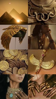 the collage shows gold jewelry and an egyptian woman's face with her hands on her chest