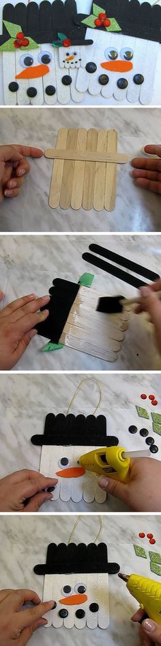 four pictures showing how to make a snowman out of popsicles and construction paper