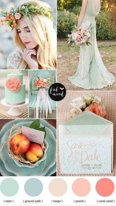 a collage of photos with flowers and wedding items in pastel blue, peach and white colors