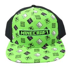 a green minecraft hat with the word minecraft printed on it