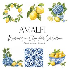 watercolor clip art collection with lemons and blue flowers