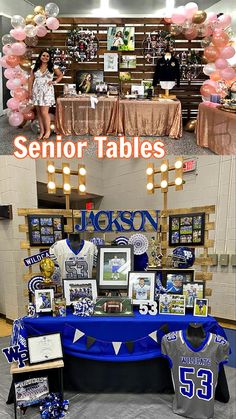 a table with pictures and balloons in front of it that says senior tables at jackson high school