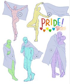 six different poses of people wrapped in cloths, all with their arms around each other