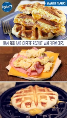 some waffles and eggs are sitting on a plate with the words ham egg and cheese biscuit wafflewichs