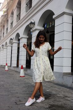 "Skater dress for women, Cream linen dress, Block print dress, Linen tunic dress, Made to order, Custom made, Plus size A woman's wardrobe is incomplete without fun and colorful dress! -Model height: 5'3\" wearing size S -Length: 37\" -Closure: front button The front and back upper part of the dress is hand embroidered. This is a one of a kind of hand work called Maggam embroidery." Knee-length Linen Floral Print Dress, Casual Off White Knee-length Dress, Casual Off-white Knee-length Dress, Off White Sundress Midi Dress, Off-white Sundress Midi Dress, Off White Knee-length Dress For Daywear, Off-white Knee-length Day Dress, Off White Knee-length Dress For Day Out, Bohemian Printed Linen Dress