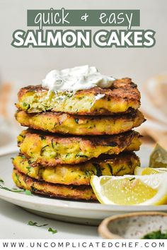 stack of salmon cakes on a plate with text overlay quick and easy salmon cakes.