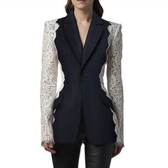 Kiara Black Blazer with Lace Arms - ALLARA Luxury Custom Fit Blazer In Suiting Fabric, Cheap Trendy Blazer With Lapel Collar, Luxury Fitted Suits With Shawl Collar, Luxury Unstitched Formal Suit With Suit Collar, Slim Fit Blazer, Lace Blazer, Straight Clothes, Mode Abaya, Slim Fit Blazers