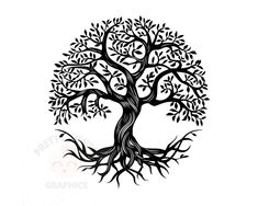 a black and white drawing of a tree with leaves on it's branches, in the shape of a circle