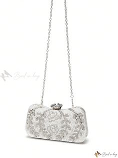 Bird in Bag - Rhinestone-Embellished Womens Clutch Bag: Elegant Evening Shoulder Bag for Brides and Wedding Events Silver Rectangular Shoulder Bag For Wedding, Silver Handheld Shoulder Bag For Wedding, Silver Rectangular Evening Bag For Reception, Elegant Handheld Evening Bag With Bling, Silver Clutch Shoulder Bag For Wedding, Embellished Silver Bags For Wedding, Silver Embellished Bags For Wedding, Formal Silver Embellished Shoulder Bag, Bling Clutch Evening Bag For Wedding