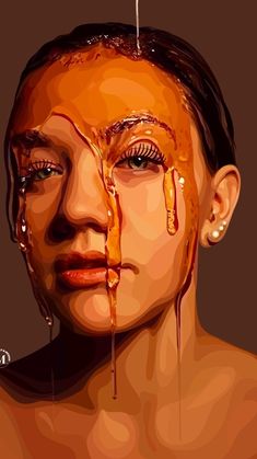 a painting of a woman's face with dripping orange paint on the upper part of her face