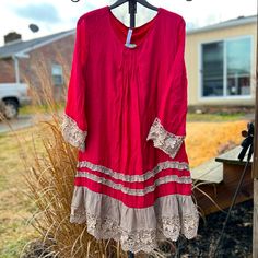 Brand: Paisley Grace Boutique Size: Small Condition: Nwt Fabric: 100% Polyester Color: Crimson Lace Trimmed On Sleeves And Hemline Lace Trimmed Dress, Gingham Shirt Dress, Womens Grey Sweater, Rebecca Taylor Dress, Blue Green Dress, Francescas Dresses, Fabric Clothes, Grace And Lace, Lace Trim Dress