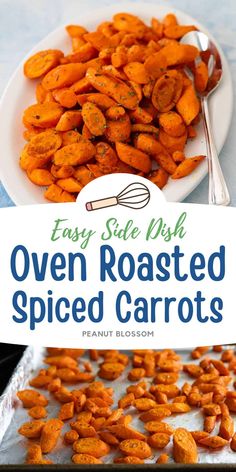 easy side dish oven roasted spiced carrots on a white plate with a spoon