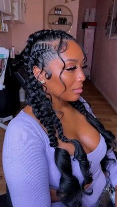 Cornrows. Large Braids With Curls At The End, 4 Jumbo Cornrow Braids, Cornrows With Added Hair, Feed In Cornrows With Curly Ends, Butterfly Braid Cornrows, Ice Cream Bun Hairstyle Black Women, Two Big Cornrows Braids, Locs And Braids Together