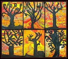 four paintings of trees in different colors and sizes, each painted with acrylic paint