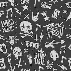 black and white music seamless background with musical instruments, stars, microphones and other symbols