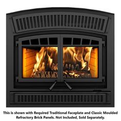 this is an image of a wood burning stove with the words, this is shown with required traditional fireplace and classic mould