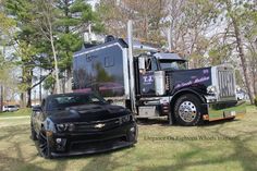 a black truck parked next to a car in the grass with trees and bushes behind it