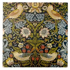 an intricately designed wallpaper with birds and flowers