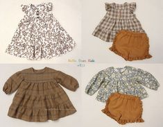 four baby clothes are shown in three different colors and patterns, one is brown, the other is blue