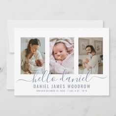 a birth announcement card with three photos