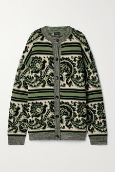 Etro's cardigan is jacquard-knitted with signature paisley swirls interspersed with stripes, and the leaf-green colorway makes the pattern even more striking. It's spun from a warm wool-blend and has an oversized fit enhanced by dropped shoulders. Layer it over a turtleneck or collared shirt. Green Jacquard Knit Outerwear For Fall, Jacquard Cardigan, Nye Outfits, Jacquard Sweater, Warm Sweater, Warm Sweaters, Jacquard Knit, Knitwear Cardigan, Collared Shirt