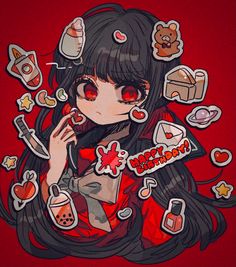 a woman with long black hair and red eyes is surrounded by stickers