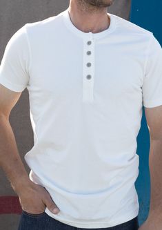 All-day, every day step it up from a tee shirt, shirt! The Reyes four button Henley will keep you looking sharp. Soft, durable & effortlessly looks great no matter how you style it. At 8oz this is no lightweight. Double stitched seams for vintage, timeless quality. True to size with a tailored shoulder and arm and a bit of extra length in the body. Wear your normal size for a tailored fit or you can size up for a more relaxed fit. We knit this shirt to have a bit more weight and structure to imp Live Authentically, Best Jeans, Los Angeles California, White Vintage, Looks Great, Tee Shirt, Every Day, Matter, Tee Shirts