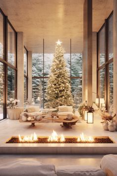 a living room filled with furniture and a christmas tree in the middle of it's windows