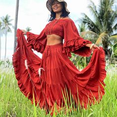 "Photoshoot Outfit, Photoshoot Clothing, Boho Skirt, Bohemian Skirt Tiered full circle long skirt made from unbleached and undyed raw cotton in off-white color. Sizing: Made in one size to fit S to XL / US: 4/6/8/10/12/14 Measurement; Elastic waist 24-40\" Hip max 50\" Length 41\" Bottom hem circumference 100\" **Model is a size US 6. 33\" bust, 36\" hip. 165 cm tall** Description: Stunningly beautiful maxi full circle skirt made from raw cotton material. Lined with the same fabric to knee level Solid Bohemian Ruffled Skirt, Bohemian Ruffled Bottoms In Solid Color, Solid Flared Beach Skirt, Solid Color Flared Beach Skirt, Beach Solid Color Ruffled Skirt, Bohemian Ruffled Skirt In Solid Color, Solid Color Bohemian Ruffled Skirt, Bohemian Style Solid Color Lined Skirt Bottoms, Red Bohemian Maxi Skirt With Ruffles