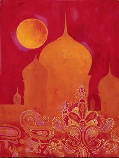 an orange and red painting with the moon in the background