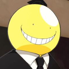 a yellow smiley face wearing a black tie and a white collared shirt with a smile on it's face