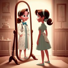 a girl looking at herself in the mirror with a stethoscope next to her