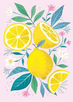 a bunch of lemons with leaves and flowers around them on a light pink background