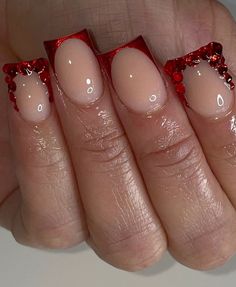 Valentine nails ideas | short nail inspo | red shorties | red acrylic nails | Short Acrylic Nails For Hoco, Red Nail Designs For Hoco, Cute Nails To Go With Red Dress, Short Red Hoco Nails, Red Nails Design Prom, Red Nail Sets Medium, Short Red Homecoming Nails, Nail Ideas Red French Tips