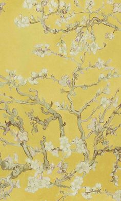 a yellow background with white flowers and branches