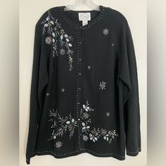 Stitches In Time Black Holiday Sweater Cardigan Size L Beading & Embroidered Nwt New With Tags Removable Shoulder Pad Embroidered Flowering Tree And Beaded Jeweled Snowflakes Beaded Details Down The Front And Cuffs 55% Ramie 45% Cotton 22.5” Armpit To Armpit 28.5” Long Embellished Black Cardigan For Winter, Black Embellished Cardigan For Winter, Black Embellished Winter Cardigan, Flowering Tree, Beaded Jewels, Holiday Sweater, Black Cardigan, Embroidered Flowers, Cardigans For Women