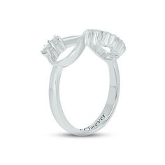 Seal your commitment with this lovely promise ring, featuring an infinity symbol crafted in sterling silver. The word "promise" is sculpted in swirling letters on one side, while two shining white lab-created sapphires gleam on the other. The inside of the band is engraved with a message of your choosing – up to 16 letters in length – for a personal touch. Anniversary Infinity Stackable Rings, Modern Twist Infinity Stackable Rings For Anniversary, Silver Diamond Ring With A Modern Twist, Modern Twist Sterling Silver Diamond Ring As Gift, Modern Twist Silver Diamond Ring As Gift, Sterling Silver Initial Ring In White Gold For Anniversary, White Gold Sterling Silver Initial Ring For Anniversary, Adjustable Infinity Diamond Ring For Anniversary, Modern Twist Sterling Silver Stackable Rings For Anniversary